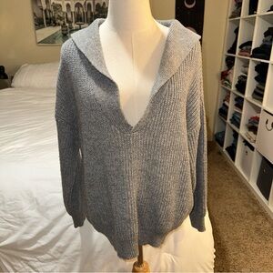 SHEIN | Curve Plus Ribbed Knit Drop Shoulder Sweater V Neck Wide Collar Gray 0XL